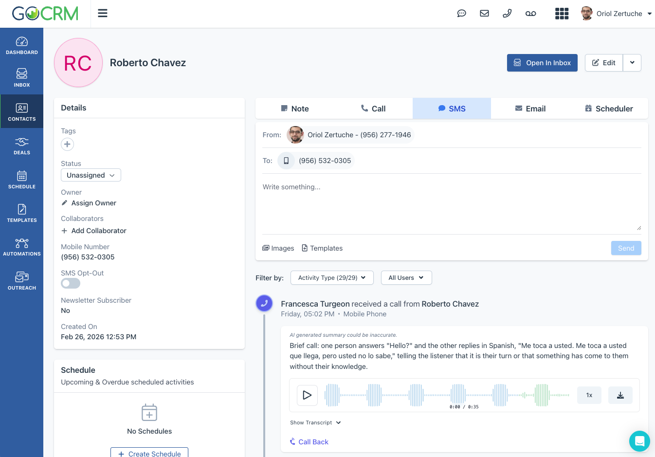GoCRM platform interface